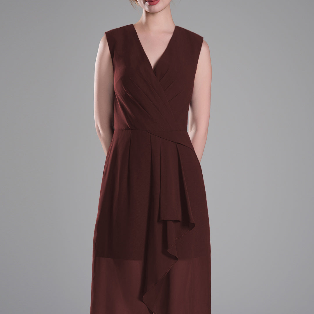 Sophisticated PleatedV-Neck Flared Hem Dress