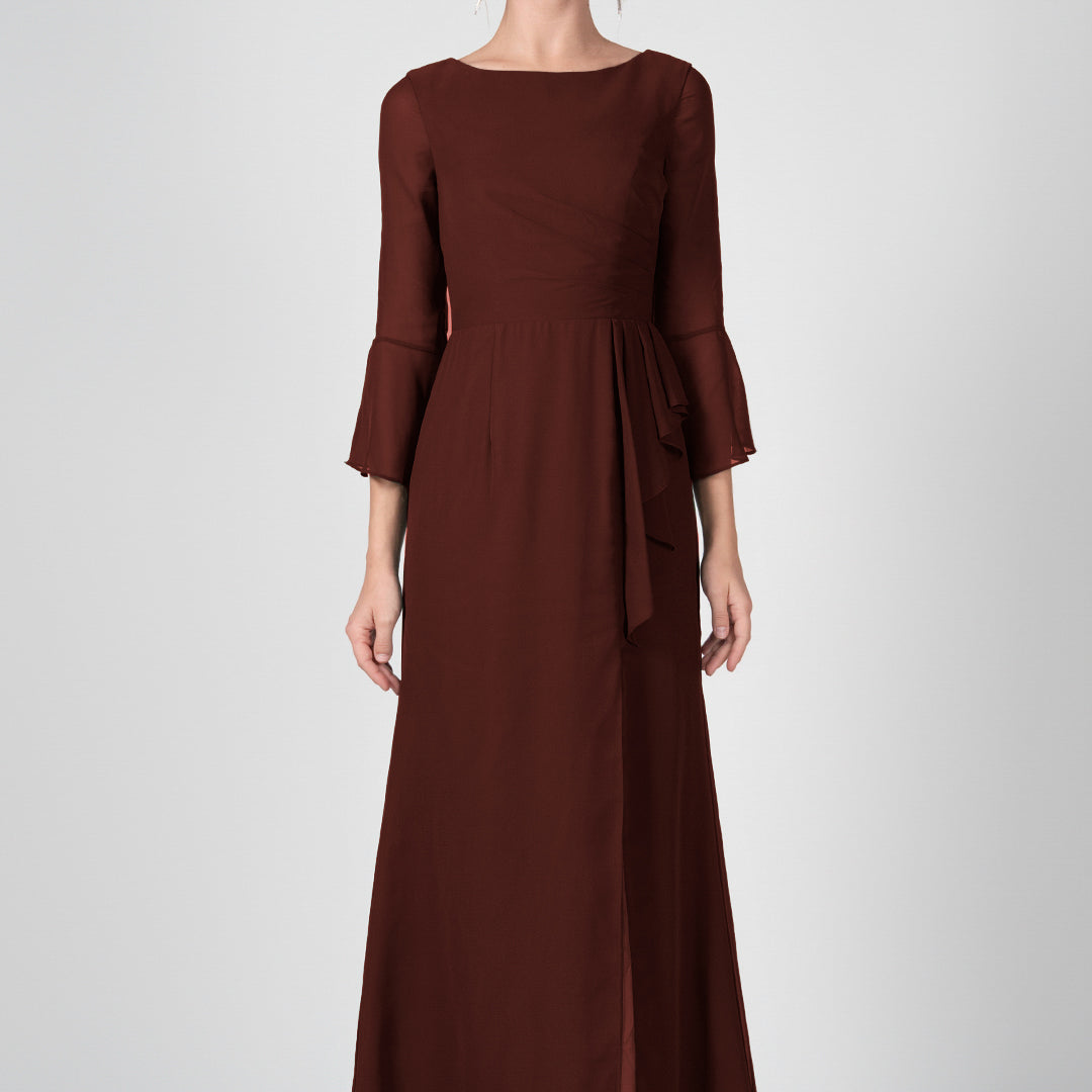 Bateau Neck Sheer Sleeve Split Maxi Dresses