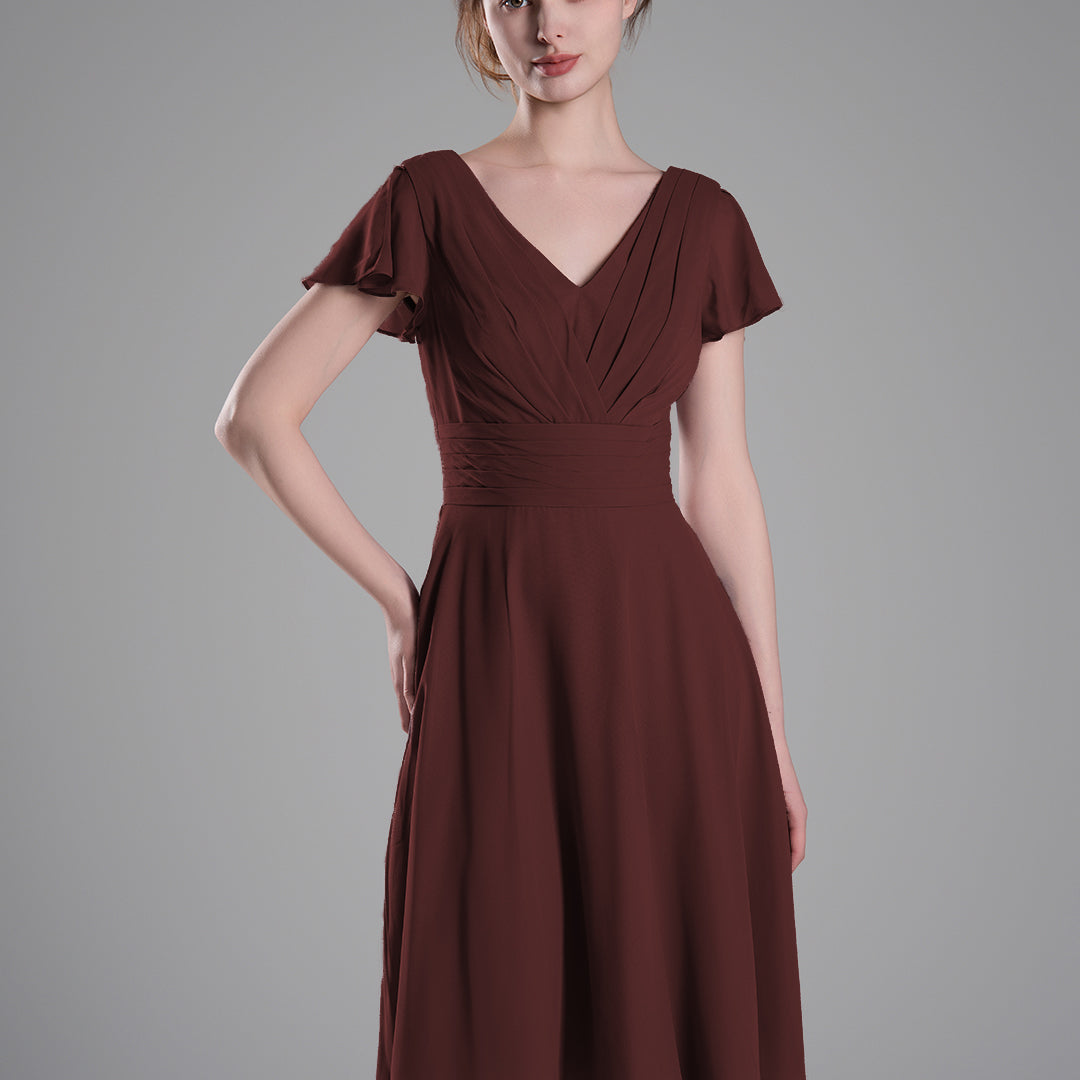 Flutter Sleeves Pleated V-Cut Back Mini Dresses