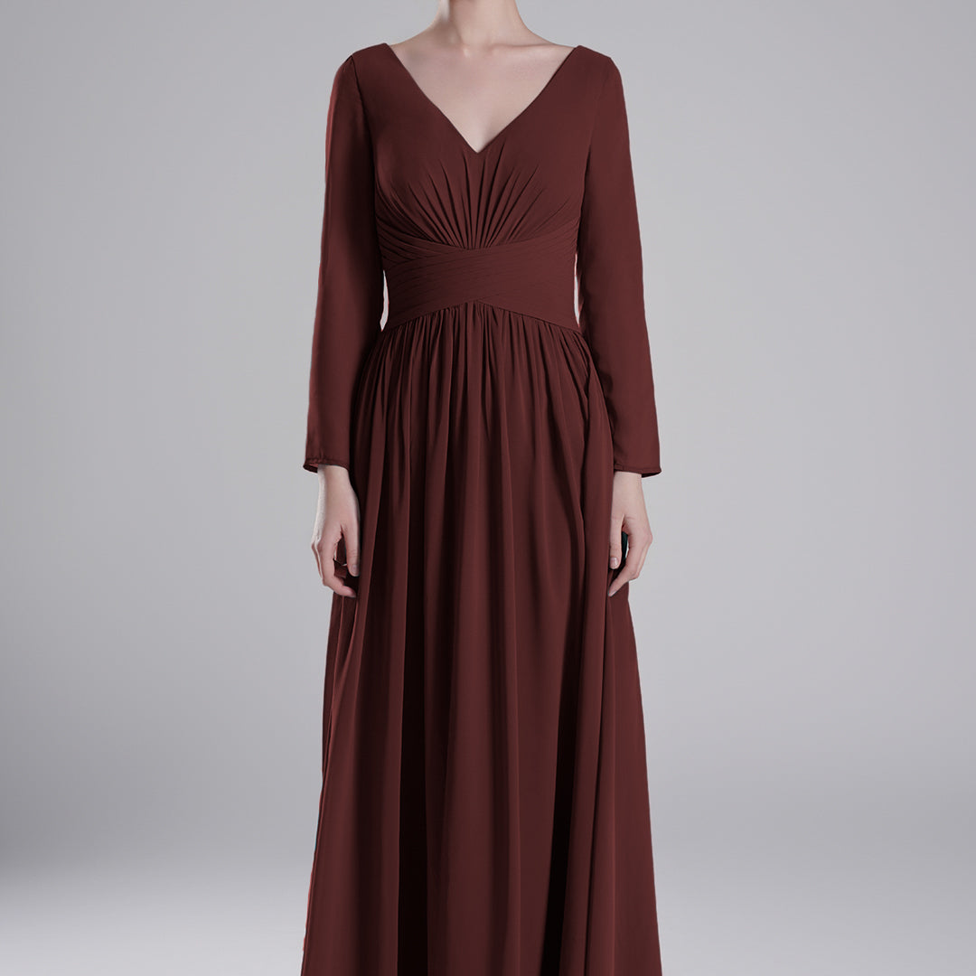 V-Neck Pleated Fitted Waist Flowing A-Line Dresses