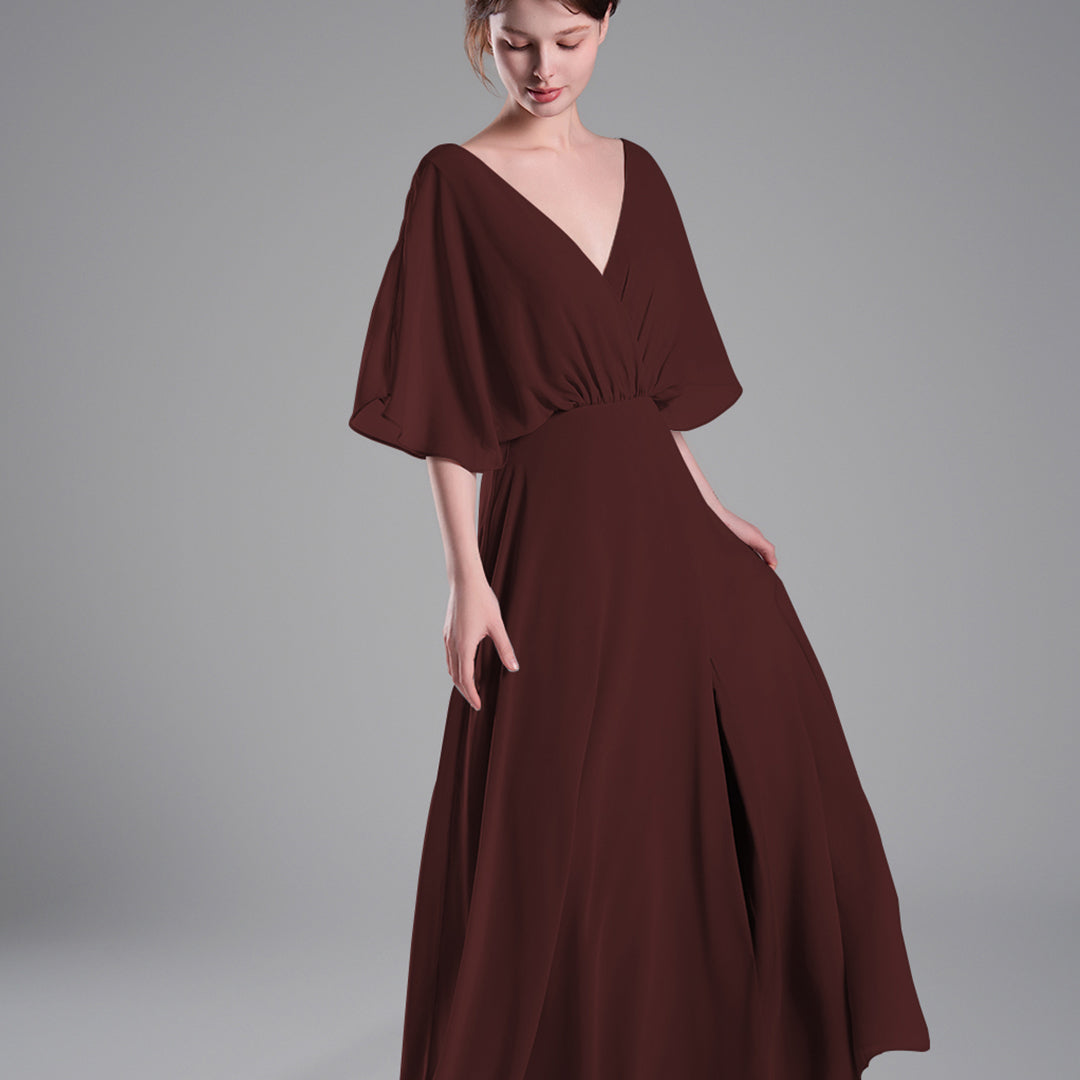 Draped Sleeves High Slit Backless Dresses