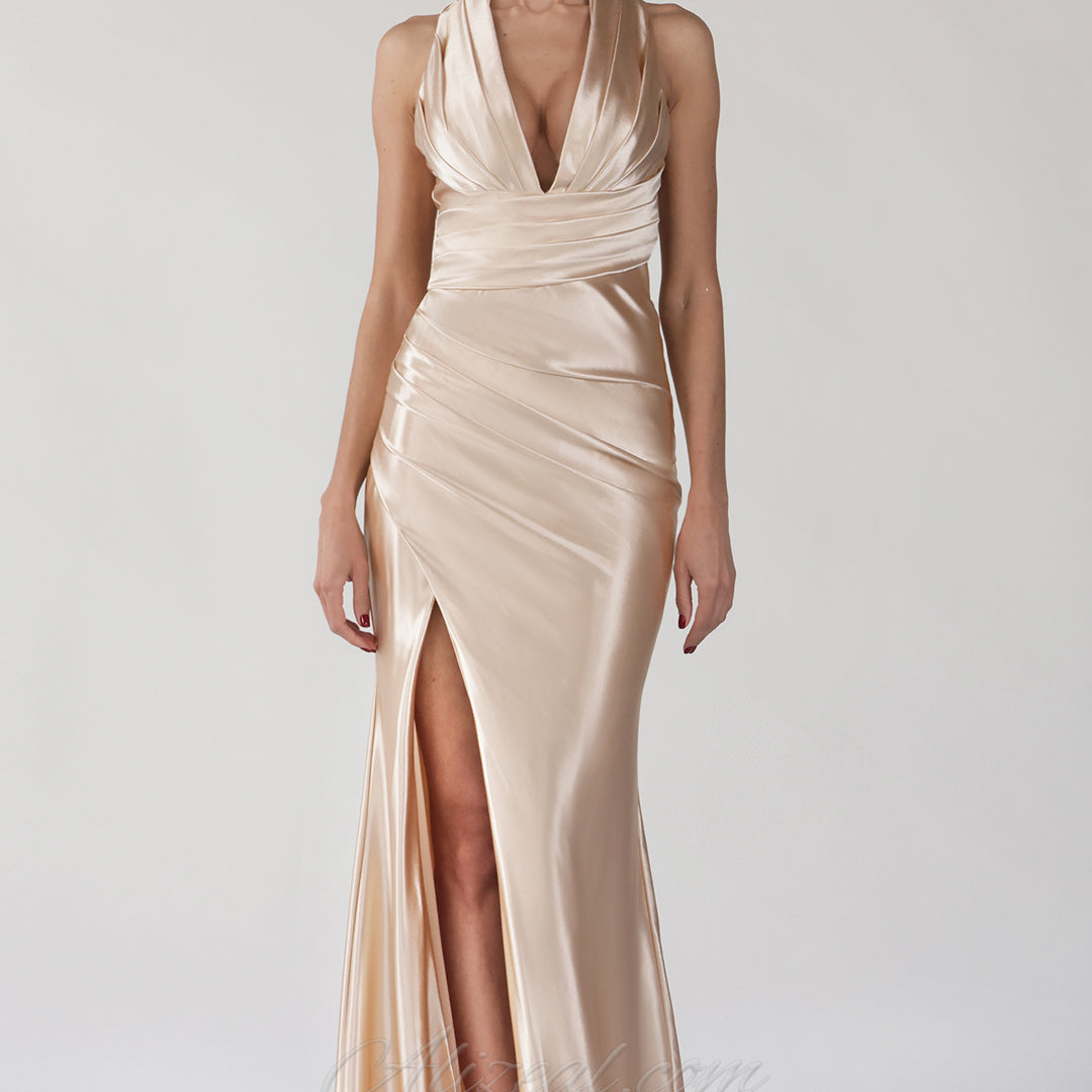 V-Neck Halter Tie Sweep Train Evening Dress