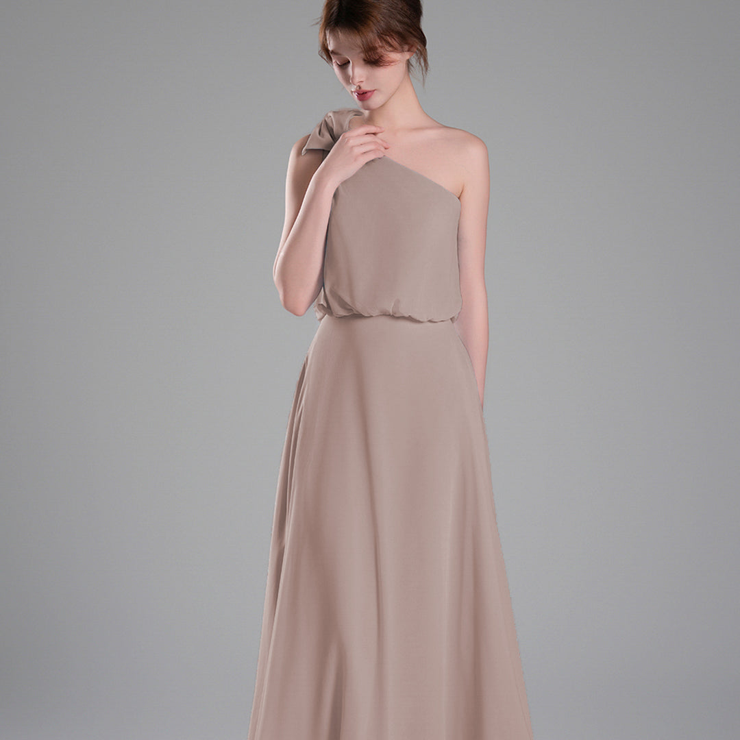 One-Shoulder Bow Detail Flowing A-Line Dresses