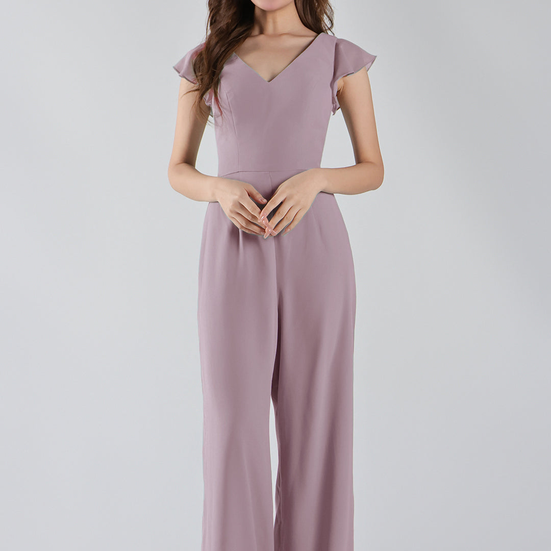 V-Neck Flutter Sleeves Wide-Leg Chiffon Jumpsuit