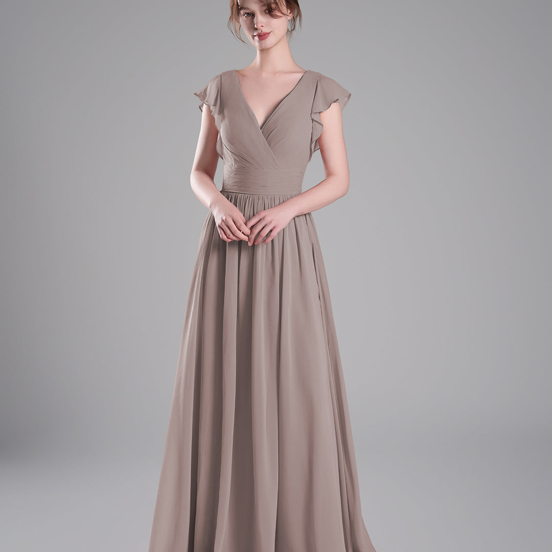 Flutter Sleeves Pleated Bodice Open Back Dresses