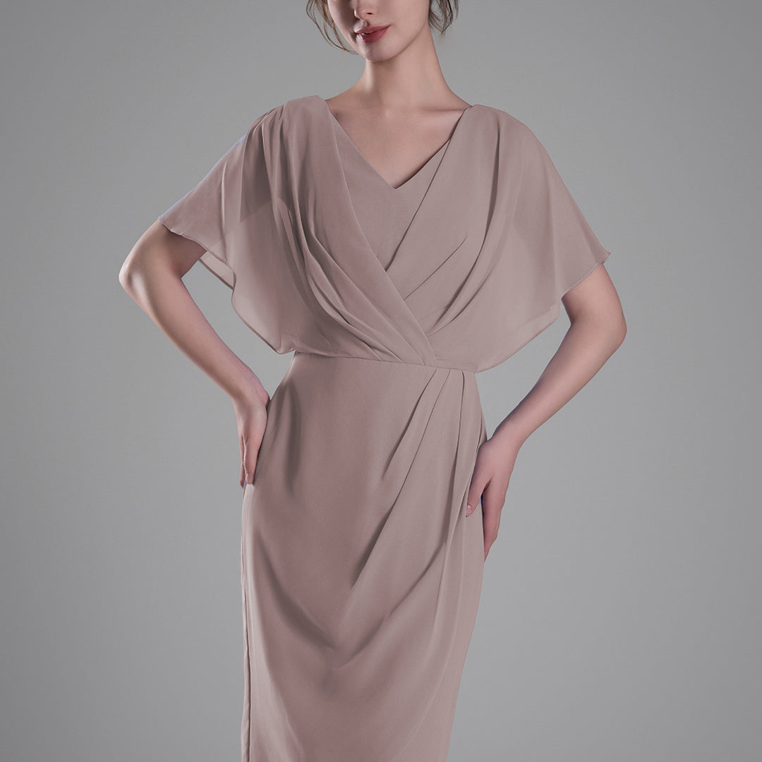 V-neck Pleated Cape Knee-length Dresses