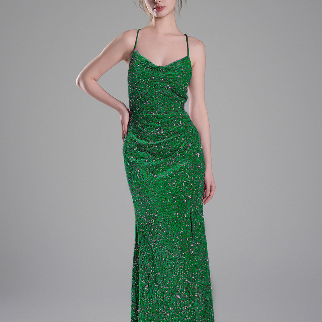 Cowl Neckline Eye-Catching Sequin Lace-Up Dresses