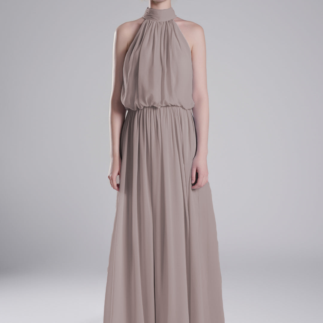 High Halter Neck Pleated Flowing A-Line Dresses