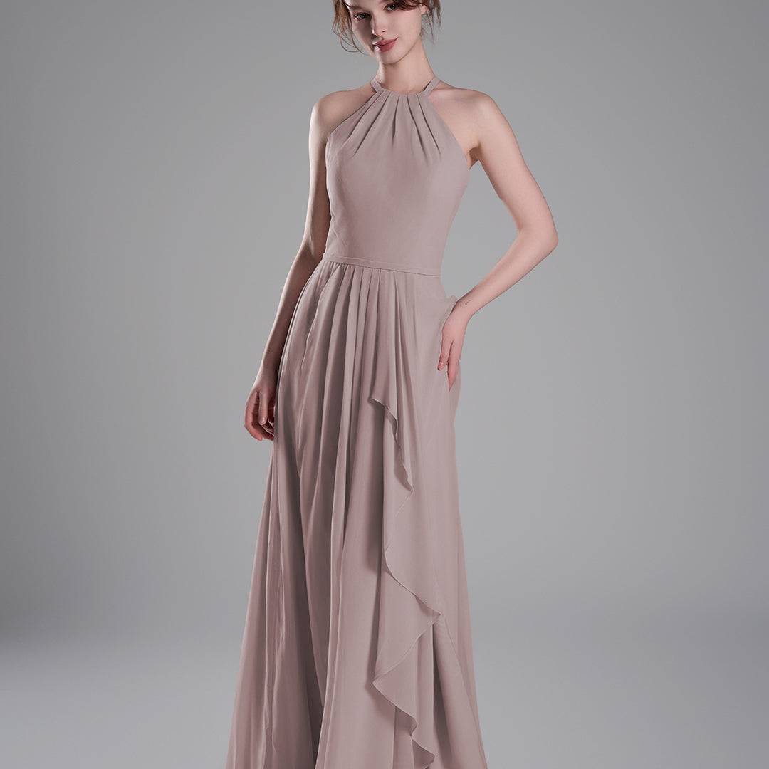 Halter Neckline Pleated Asymmetrical Ruffle Dresses
