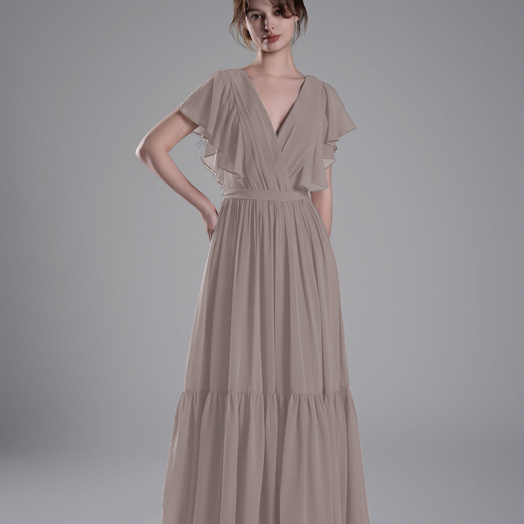 Elegant Ruffled V-Neck Chiffon Patchwork Maxi Dress