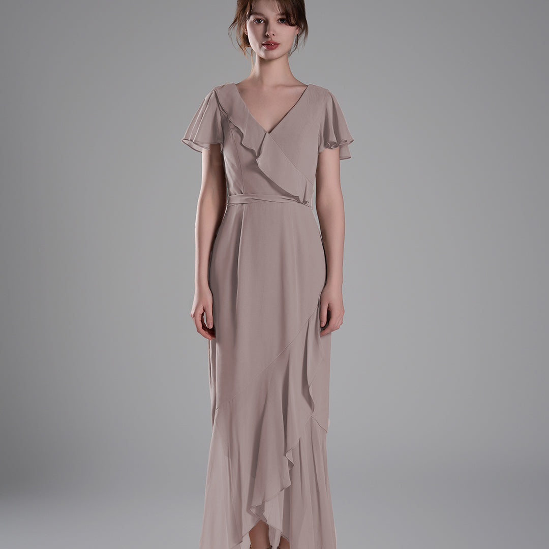 V-Neck Ruffled Detailing Pleated Patchwork Dresses