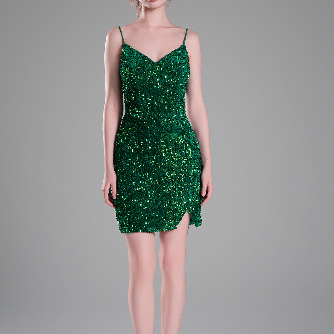 Spaghetti Straps Sparkling Velvet Sequin Mini Dress