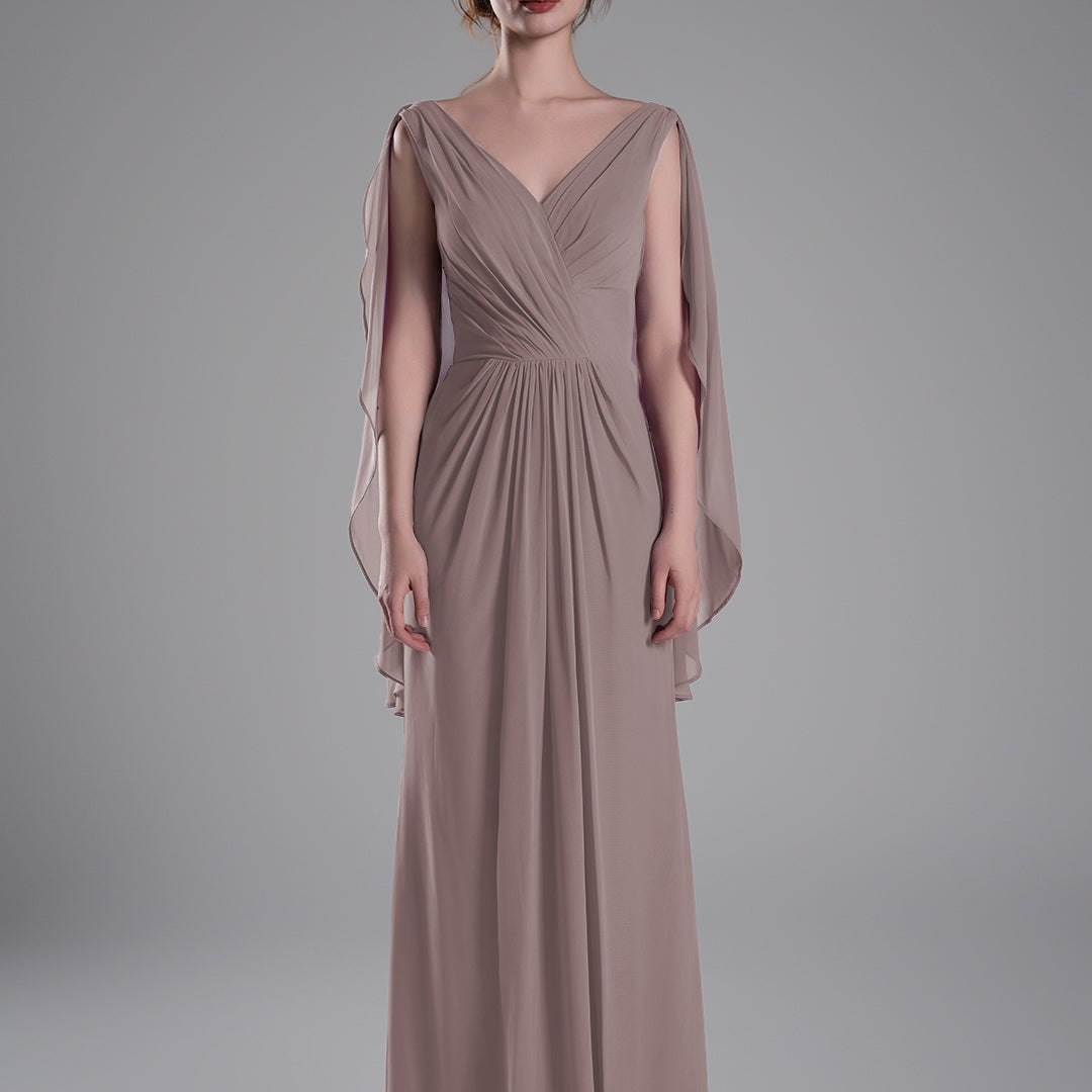 V-Neck Flowing Cape Sleeves Pleated Dress