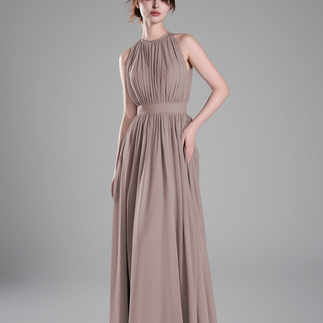 Halter Neckline Pleated Cinched Waist Dresses