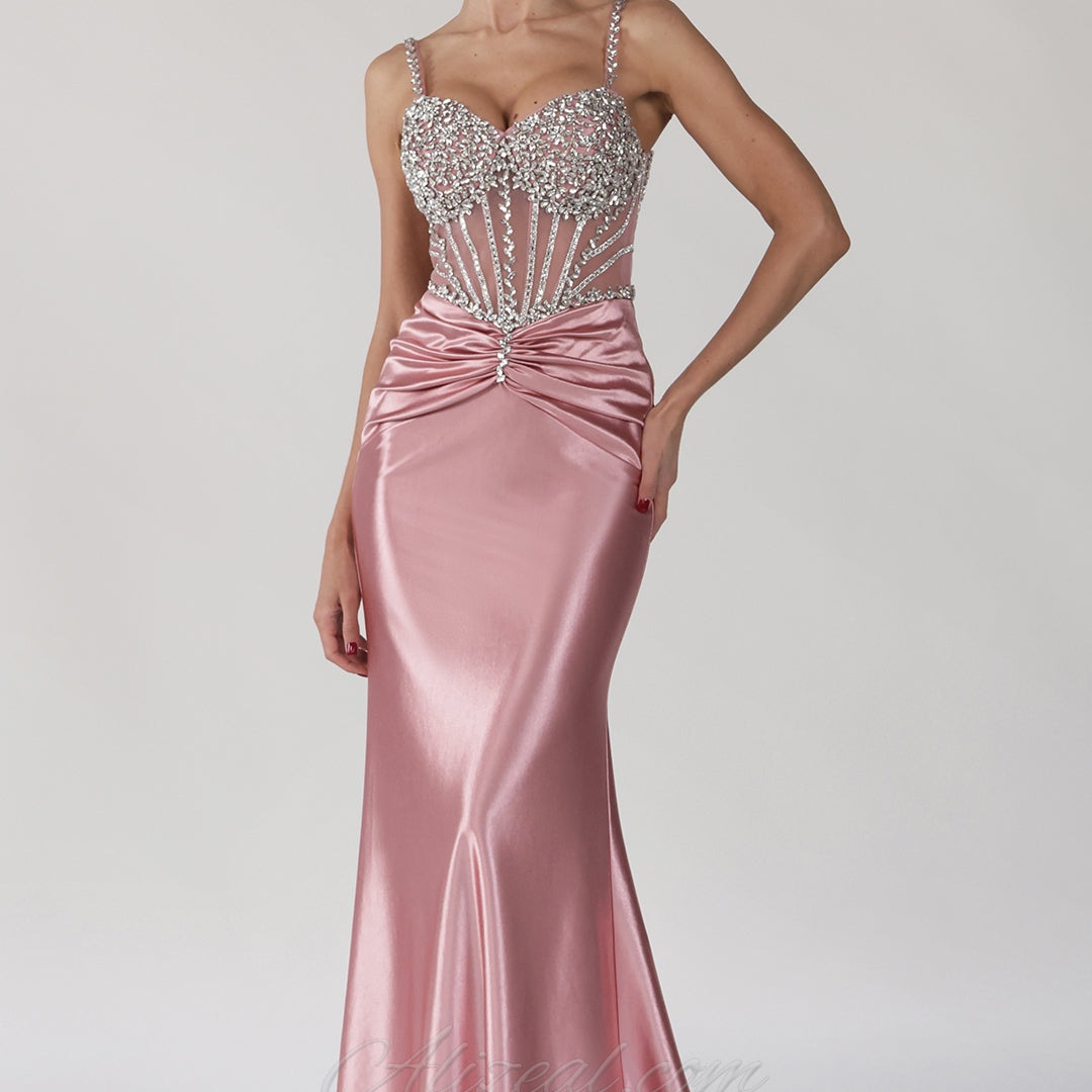 Spaghetti Straps Beaded Sheer Corset Ruched Mermaid Dress