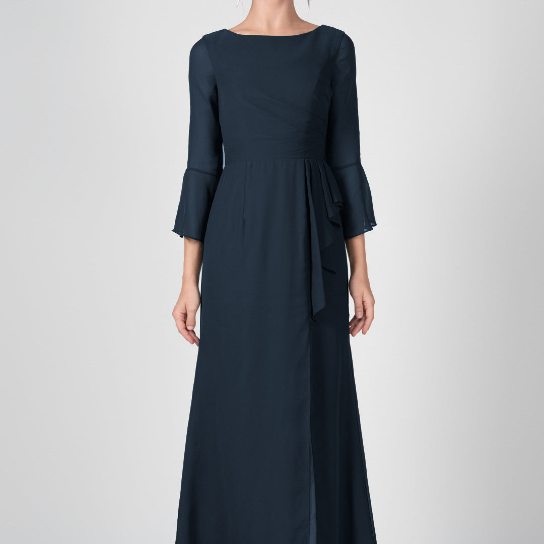 Bateau Neck Sheer Sleeve Split Maxi Dresses