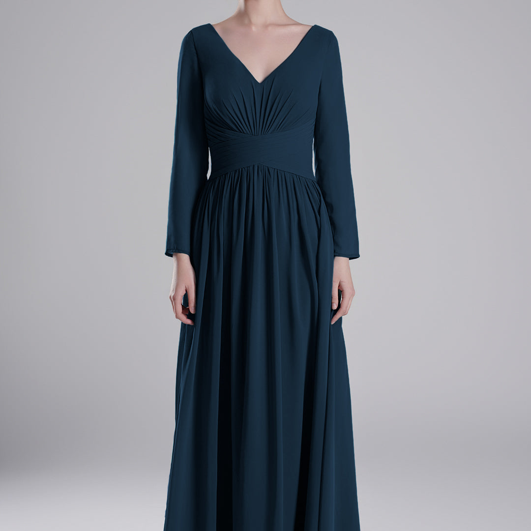V-Neck Pleated Fitted Waist Flowing A-Line Dresses