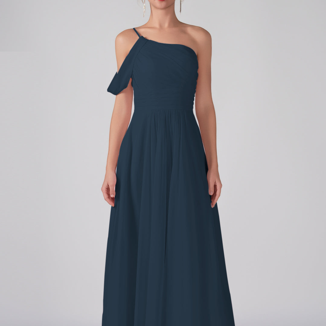 One Shoulder Off Shoulder Sleeve Ruched Bodice A-Line Maxi Dress
