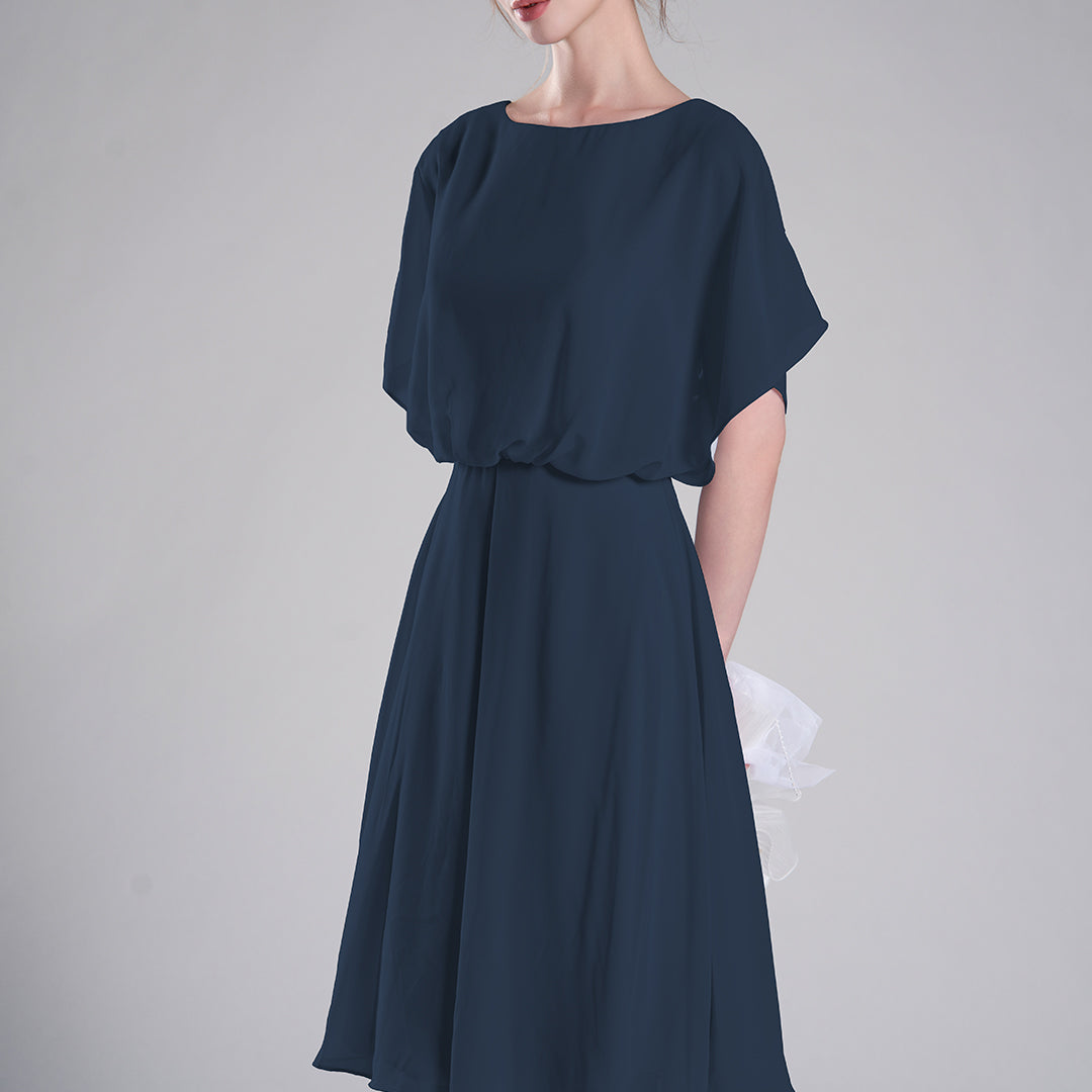 Round Neck Draped Sleeves Tie Detail Dresses