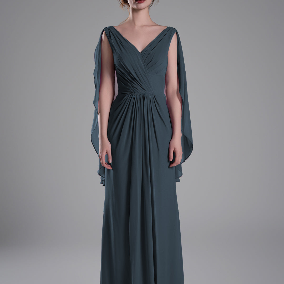 V-Neck Flowing Cape Sleeves Pleated Dress