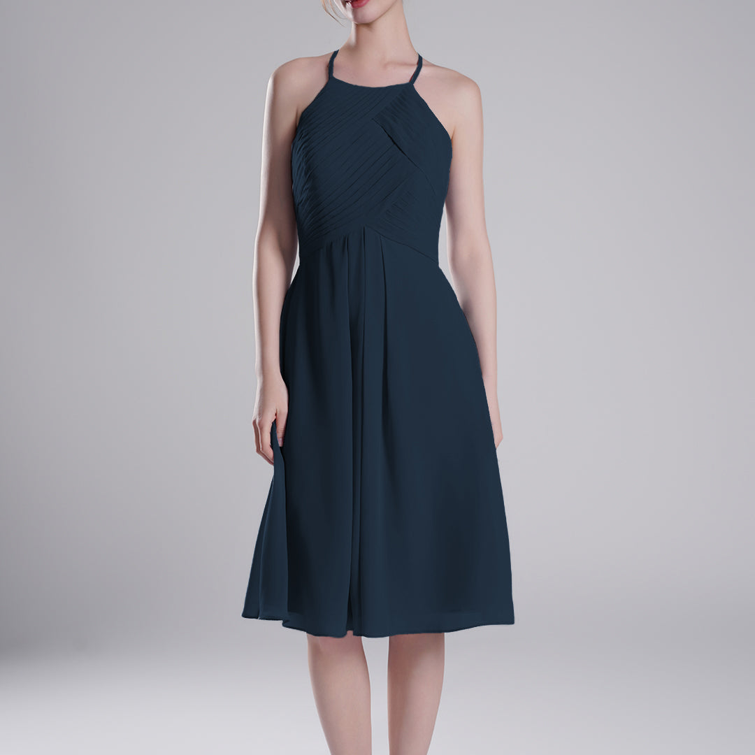 Halter Neckline Pleated Bodice Open Back Mini Dresses