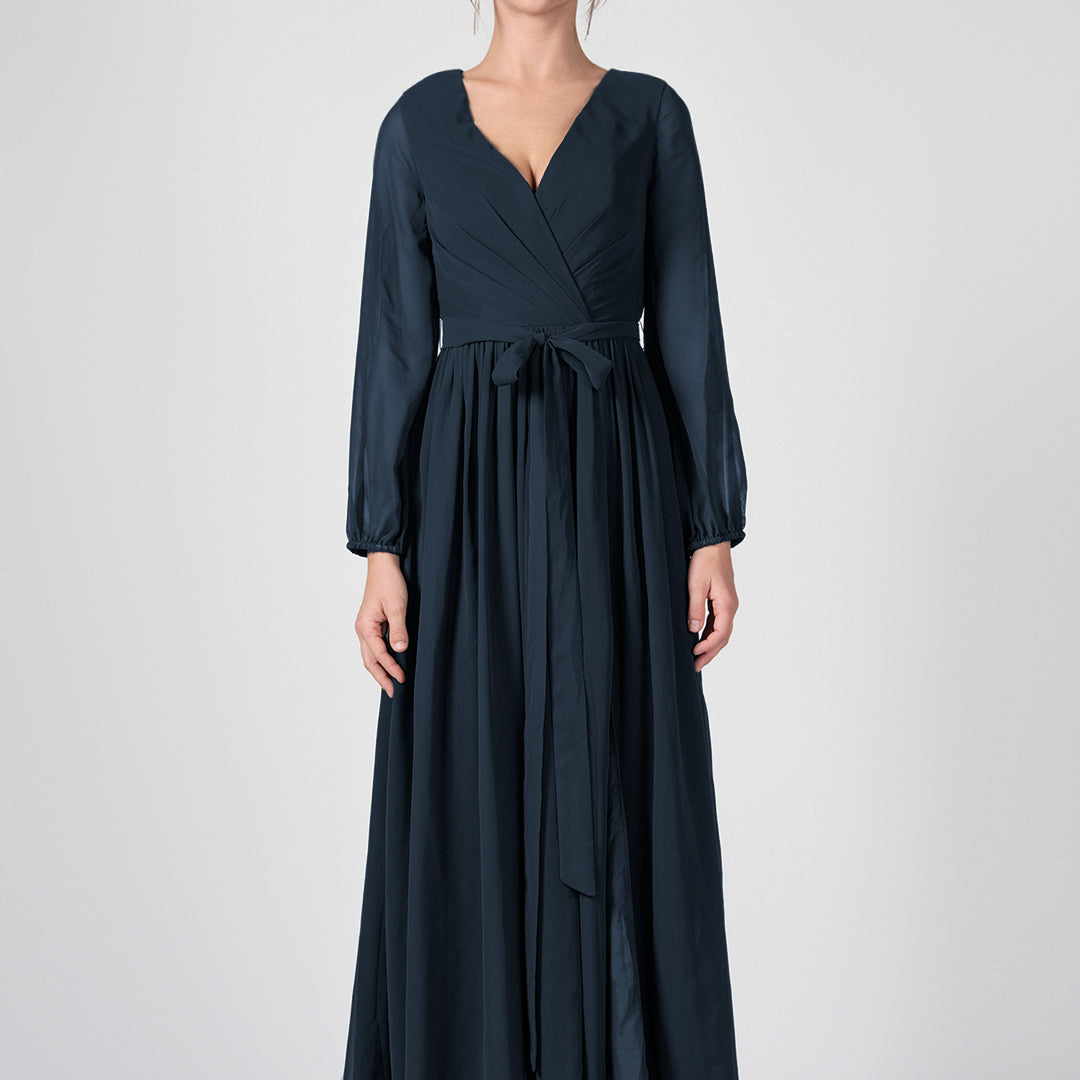 Ruched V-Neck Long Sleeve Split Maxi Dresses with Tie