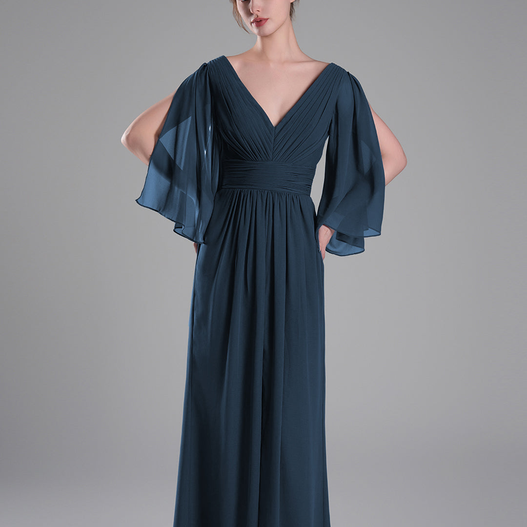 Flowing Chiffon Sleeves Ruched Waistline Slit Dresses