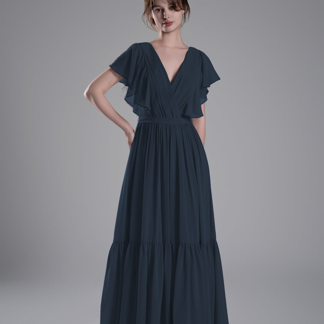Elegant Ruffled V-Neck Chiffon Patchwork Maxi Dress