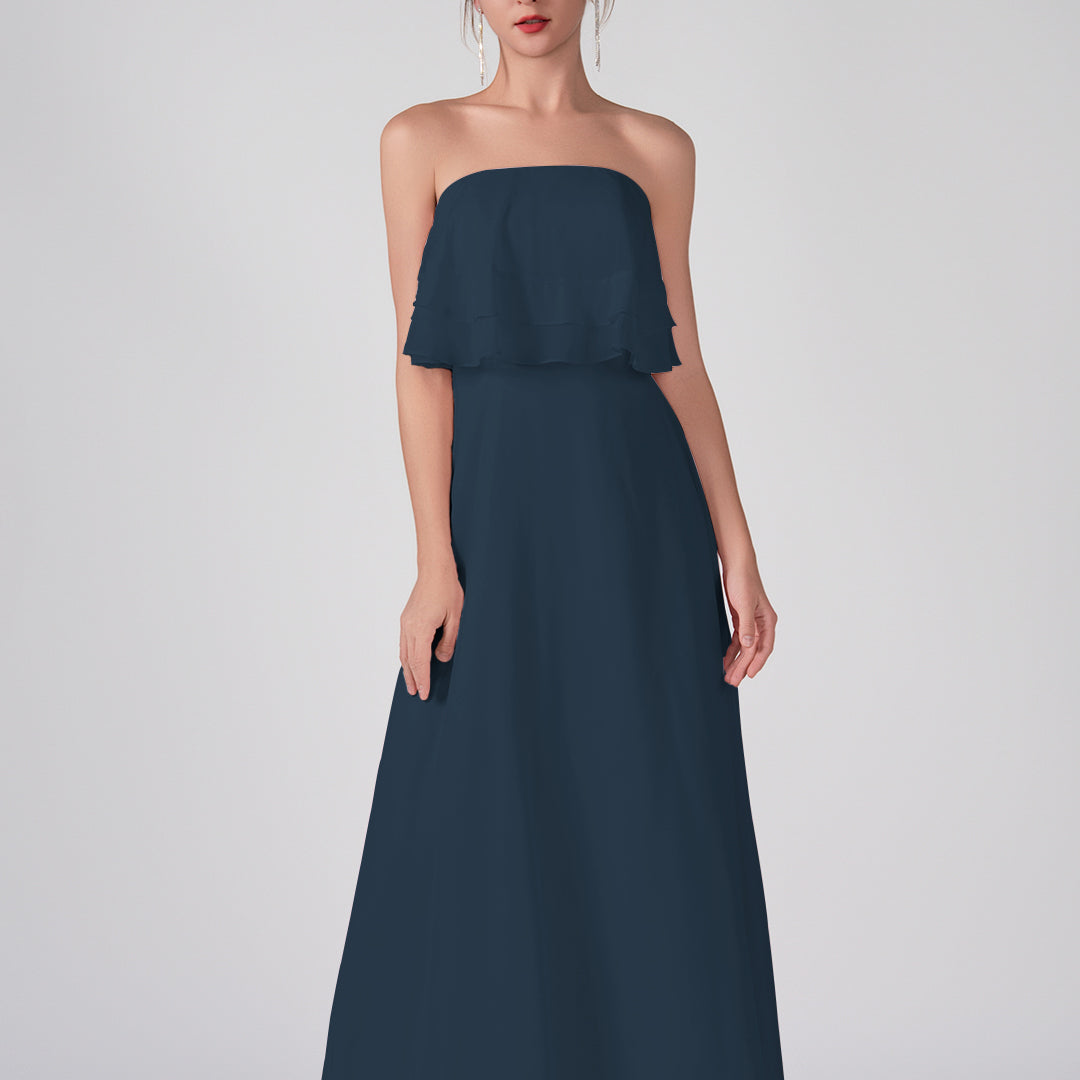 Robe trapèze en mousseline de soie sans bretelles à volants, longueur au sol