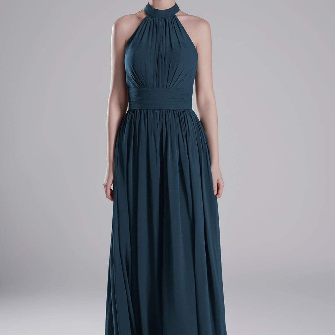 Halter Neckline Pleated Bodice Open Back A-Line Dresses