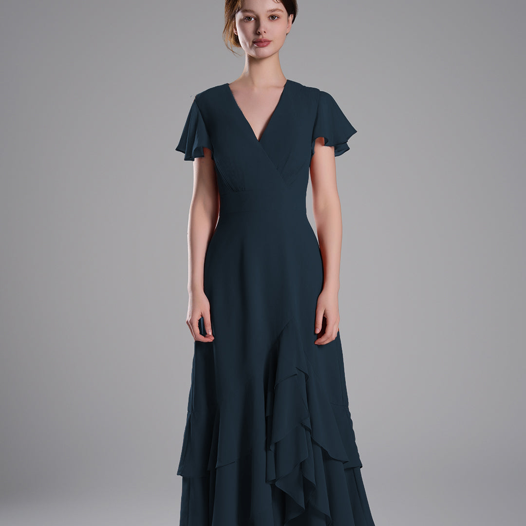 V-Neck Flutter Sleeves Asymmetrical Hemline Dresses