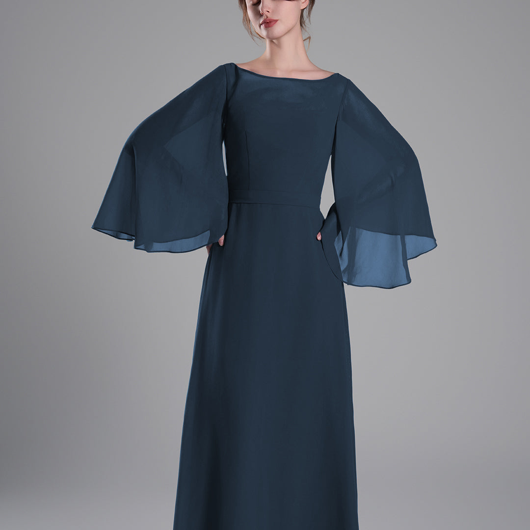 Boat Neckline Bell Sleeves Floor-Length A-Line Dresses