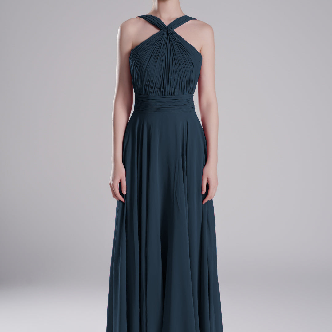 Halter Neck Cross Straps Pleated Waist A-Line Dresses
