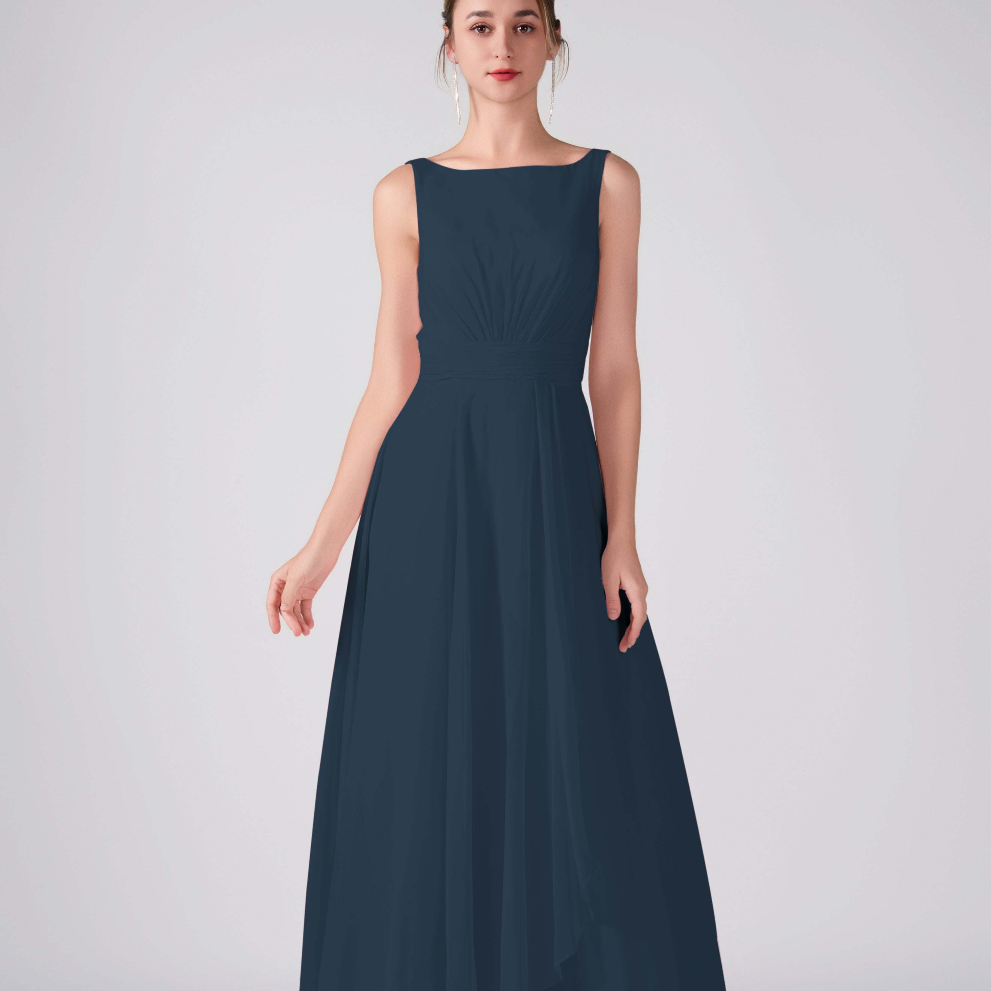 Bateau Neckline Sleeveless Ruched A-Line Maxi Dress