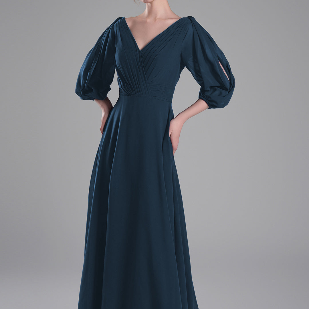 V-Neck Puffy Sleeves Pleated A-Line Dresses