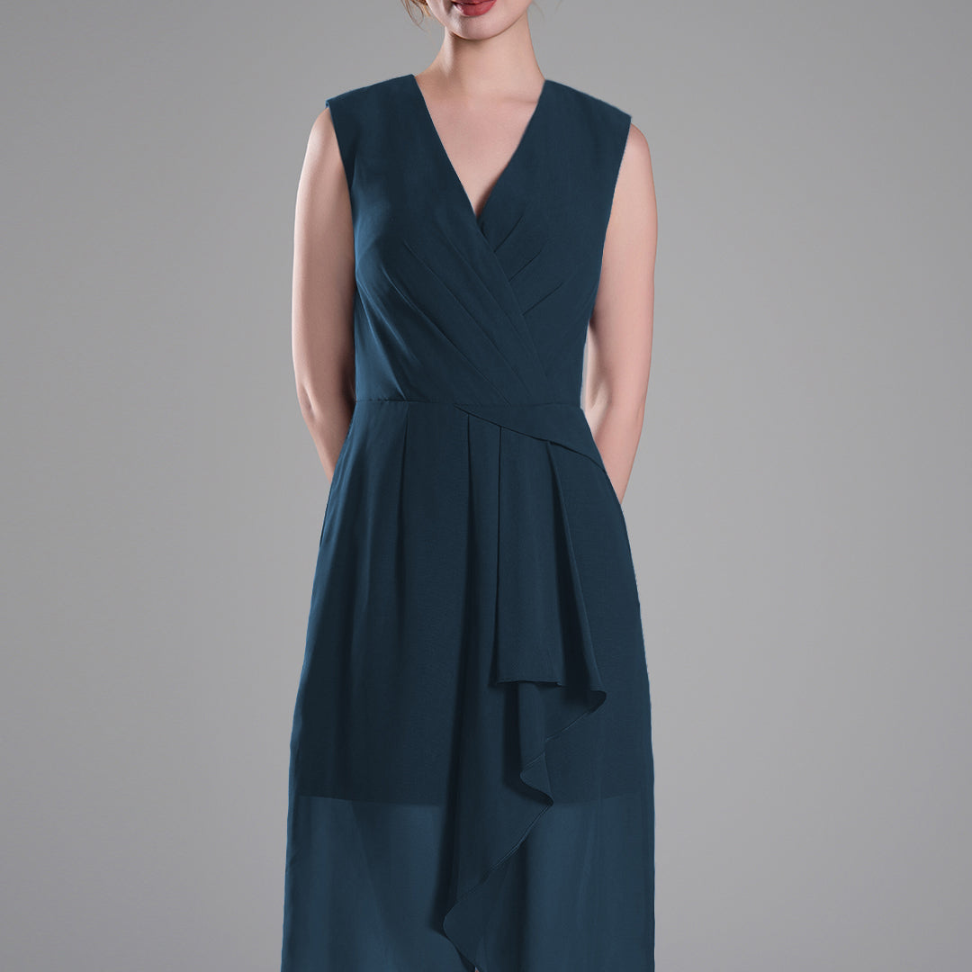 Sophisticated PleatedV-Neck Flared Hem Dress