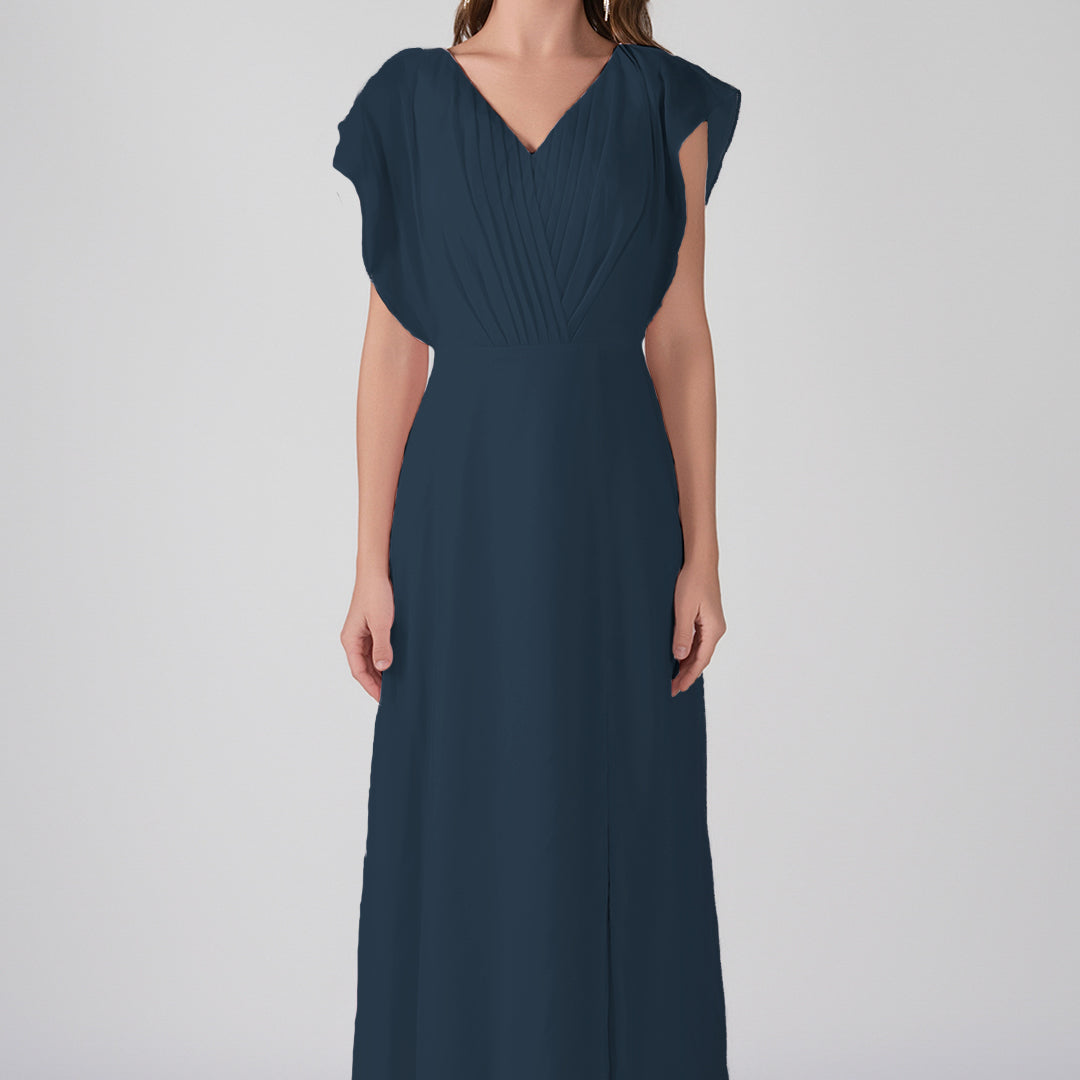 V-Neck Flutter Sleeves Pleats A-Line Maxi Dress