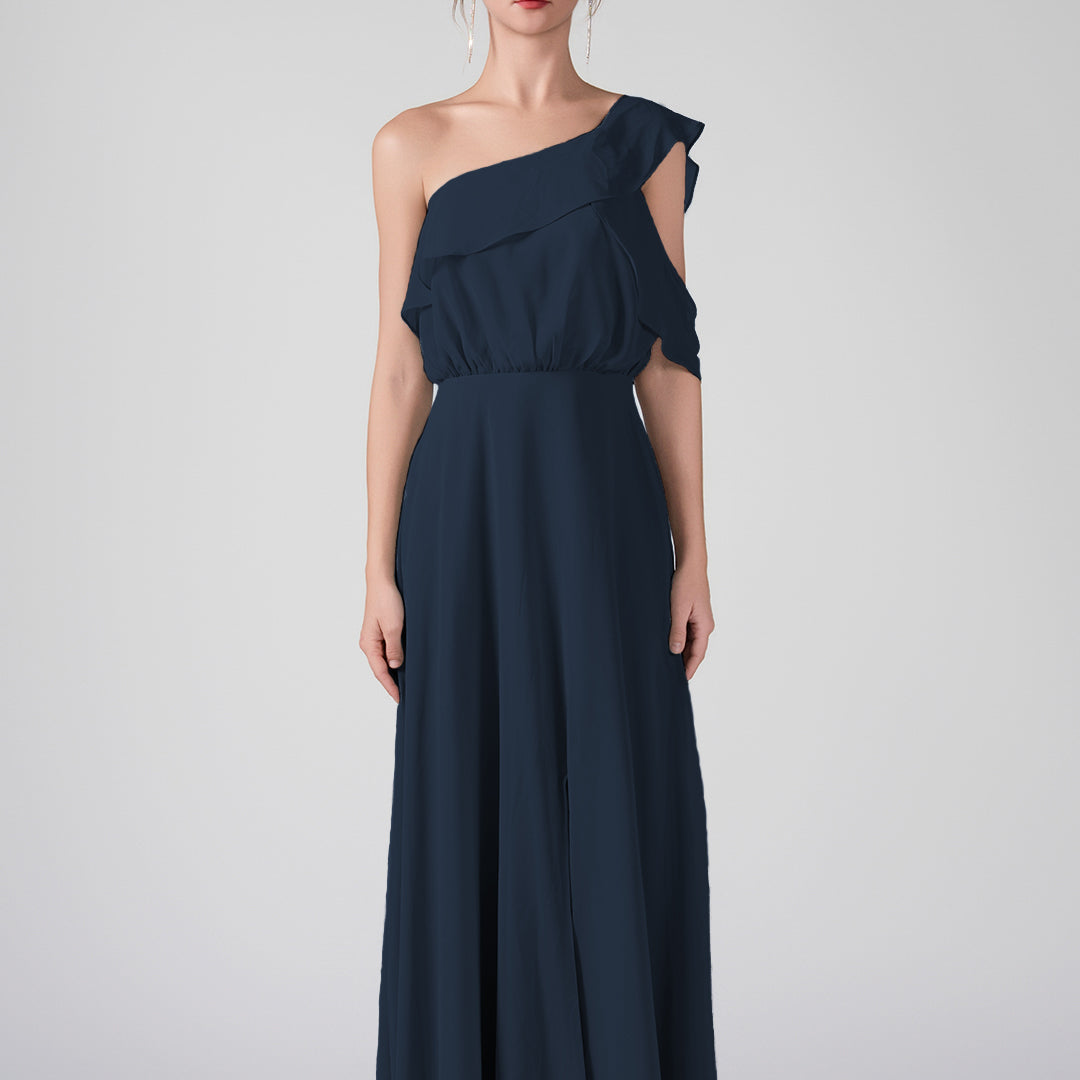 One Shoulder Ruffled Sleeves Front Split A-Line Maxi Dress