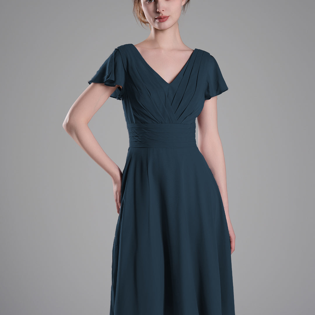 Flutter Sleeves Pleated V-Cut Back Mini Dresses