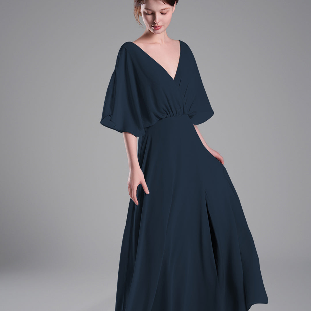 Draped Sleeves High Slit Backless Dresses