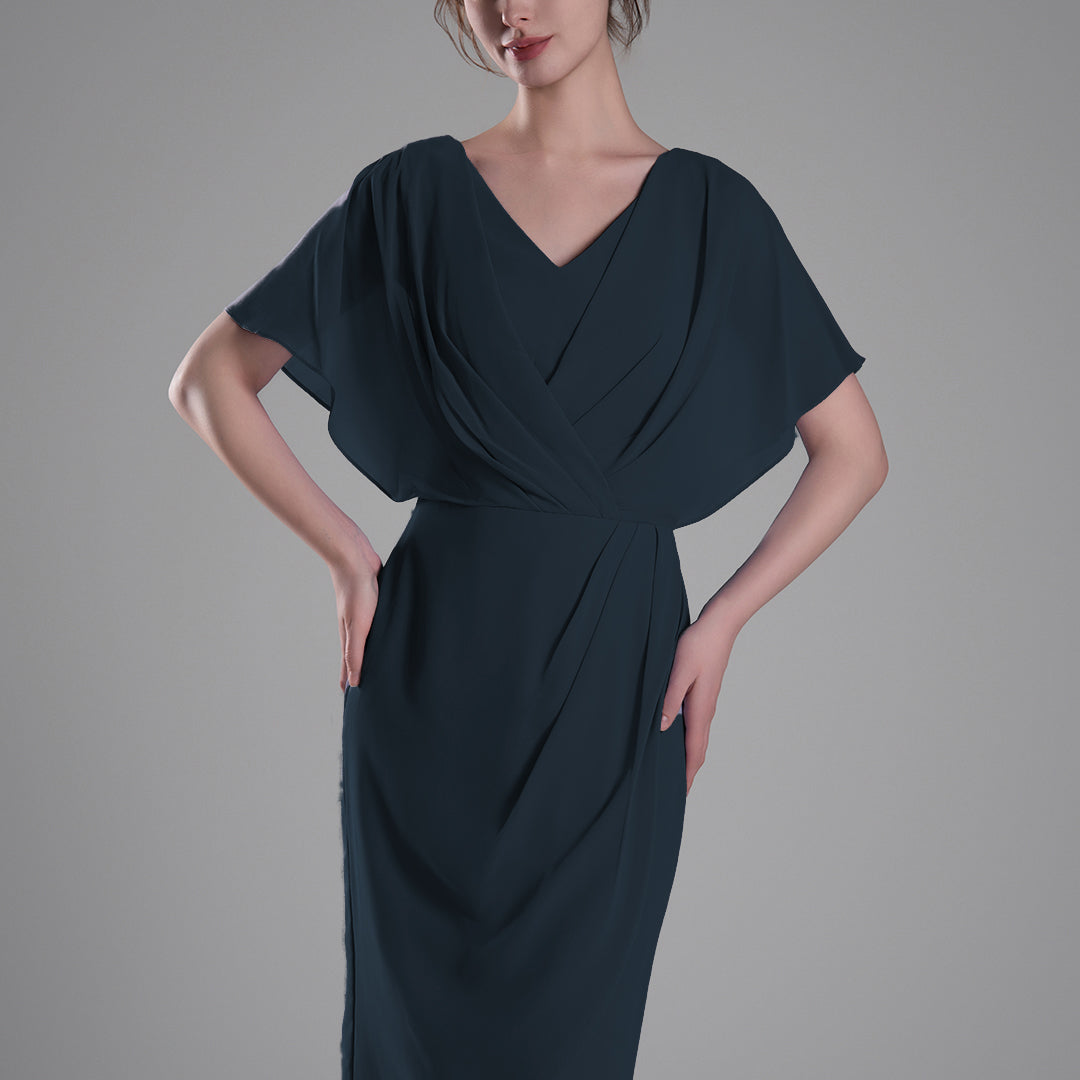 V-neck Pleated Cape Knee-length Dresses