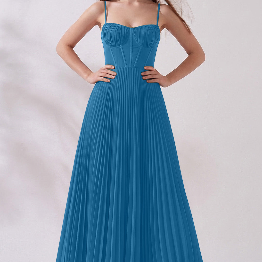 Pleated A-Line Corset Maxi Dress with Adjustable Spaghetti Straps