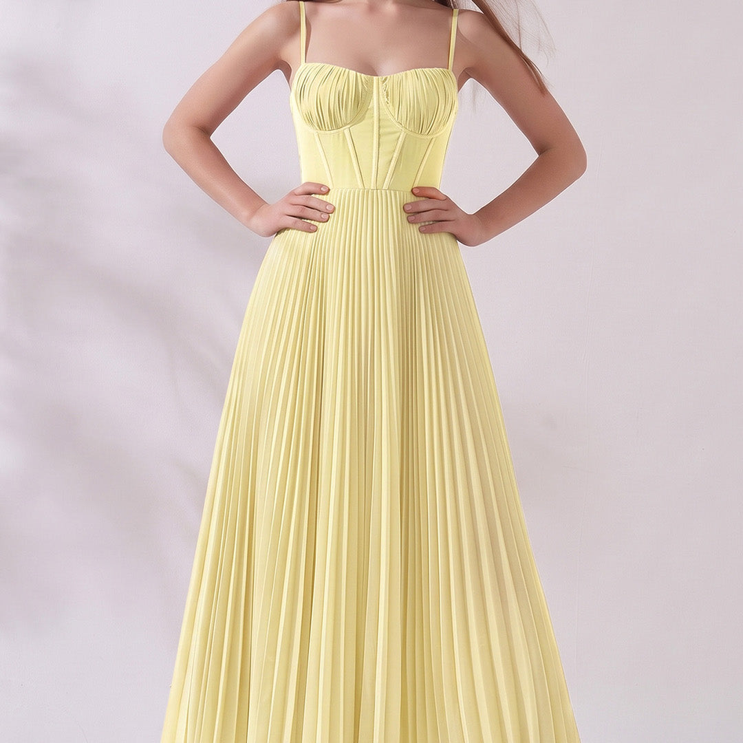 Pleated A-Line Corset Maxi Dress with Adjustable Spaghetti Straps