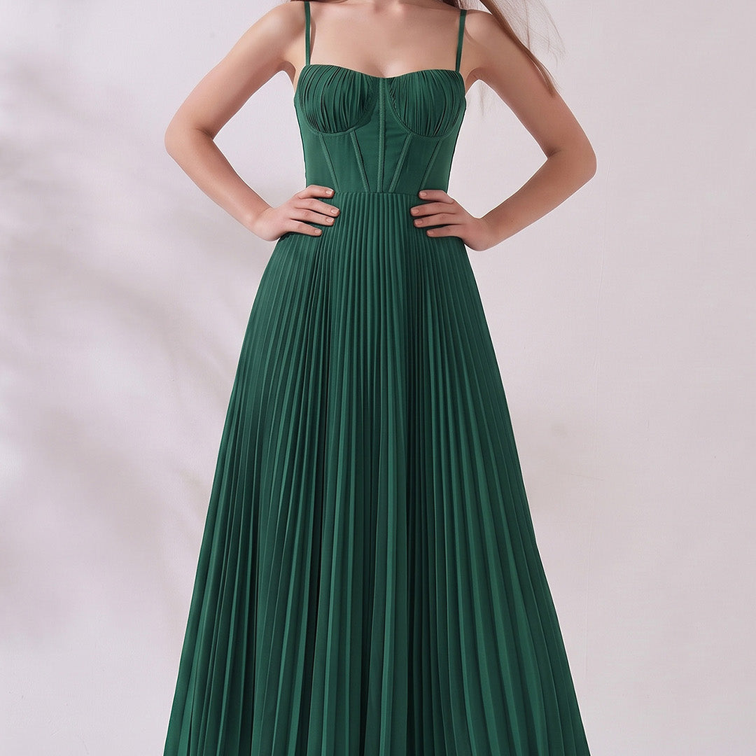 Pleated A-Line Corset Maxi Dress with Adjustable Spaghetti Straps