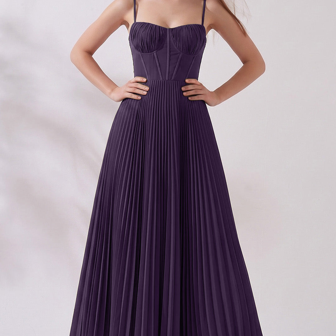 Pleated A-Line Corset Maxi Dress with Adjustable Spaghetti Straps