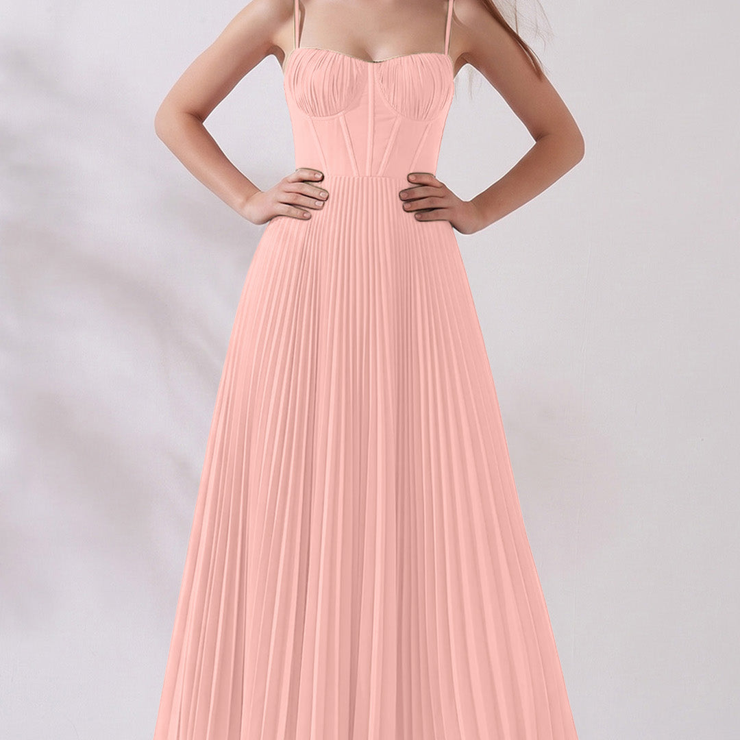 Pleated A-Line Corset Maxi Dress with Adjustable Spaghetti Straps