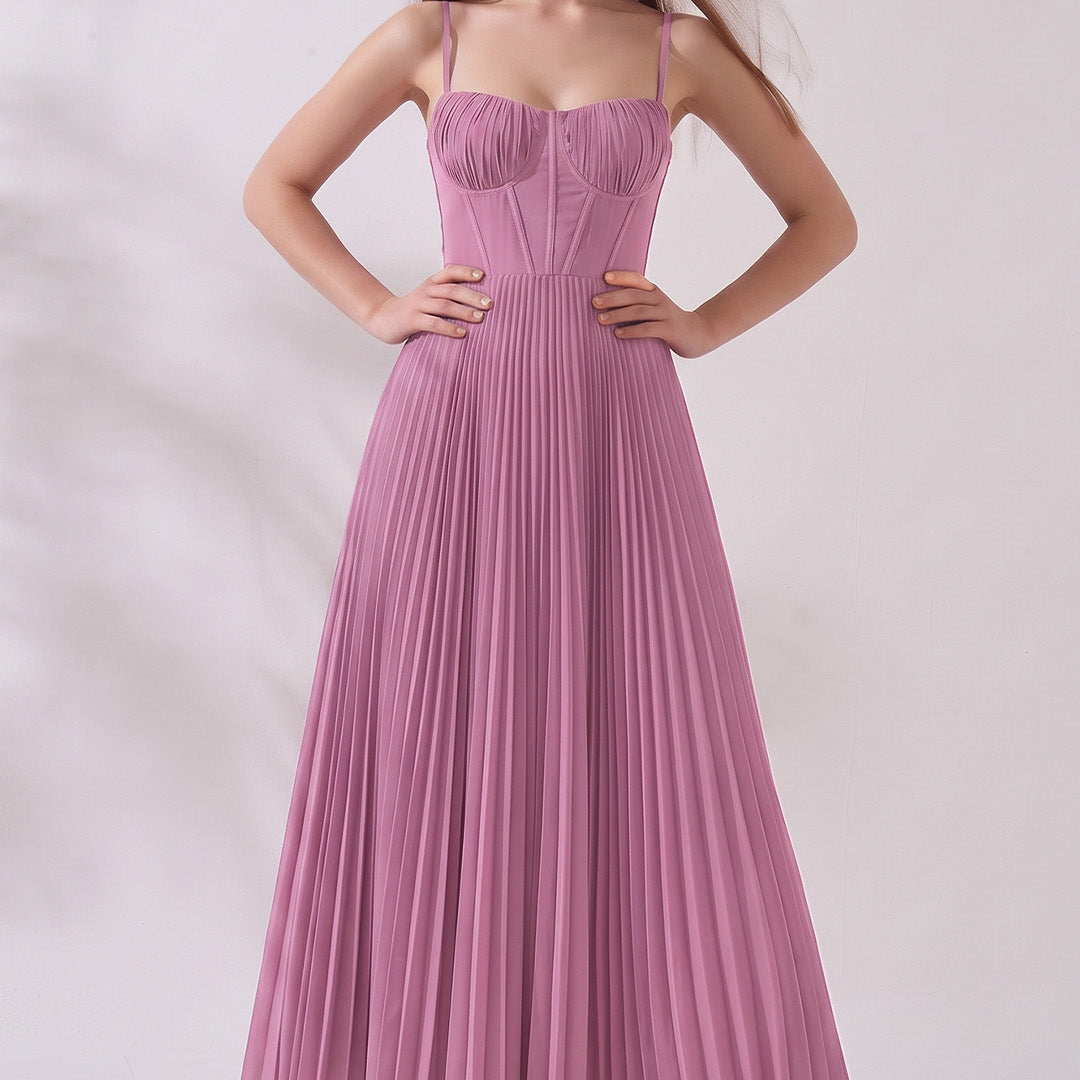 Pleated A-Line Corset Maxi Dress with Adjustable Spaghetti Straps