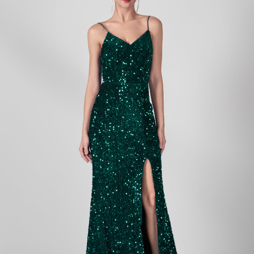 Spaghetti Straps Sequin High Slit Backless Dresses
