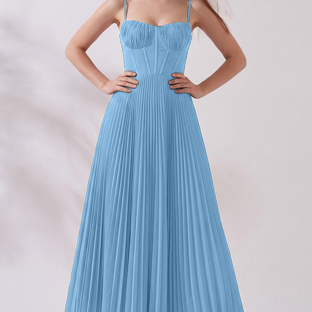 Pleated A-Line Corset Maxi Dress with Adjustable Spaghetti Straps