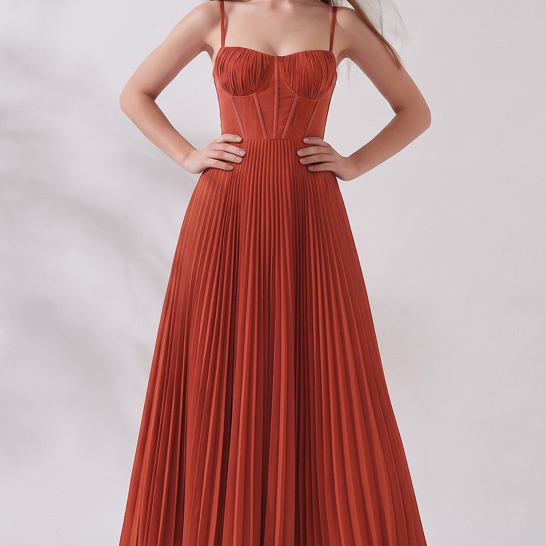 Pleated A-Line Corset Maxi Dress with Adjustable Spaghetti Straps